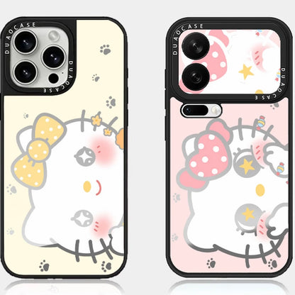 Sweet Bow Cartoon Kitty Print Phone Case, Large Flip‑Open Mirror Camera Frame Cover, Soft TPU Shock‑Resistant Protective Smartphone Shell For IPhone