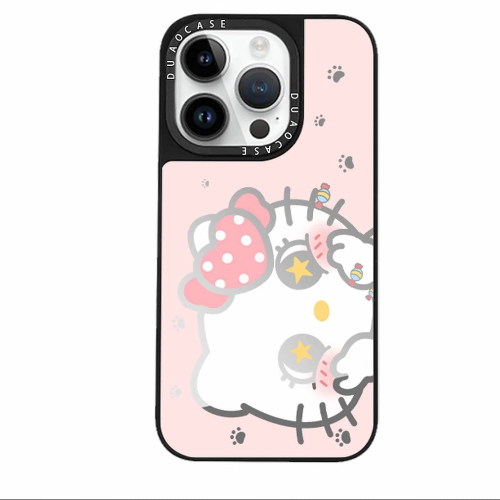 Sweet Bow Cartoon Kitty Print Phone Case, Large Flip‑Open Mirror Camera Frame Cover, Soft TPU Shock‑Resistant Protective Smartphone Shell For IPhone
