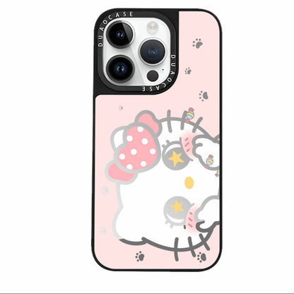 Sweet Bow Cartoon Kitty Print Phone Case, Large Flip‑Open Mirror Camera Frame Cover, Soft TPU Shock‑Resistant Protective Smartphone Shell For IPhone