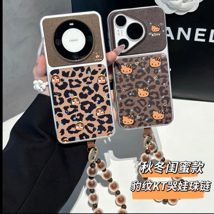 Y2K Vintage Leopard Pattern Phone Cover, Big Flip‑Camera‑Window Design, Cute Cartoon‑Outline Print, Detachable Bead Wrist Strap, Shock‑Absorbent Protective Smartphone Shell