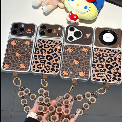Y2K Vintage Leopard Pattern Phone Cover, Big Flip‑Camera‑Window Design, Cute Cartoon‑Outline Print, Detachable Bead Wrist Strap, Shock‑Absorbent Protective Smartphone Shell