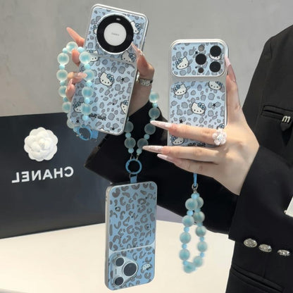 Cute Blue Leopard‑Pattern Cartoon Kitty Phone Case, Shockproof Protective Cover With Blue Bead Wrist Lanyard for iPhone
