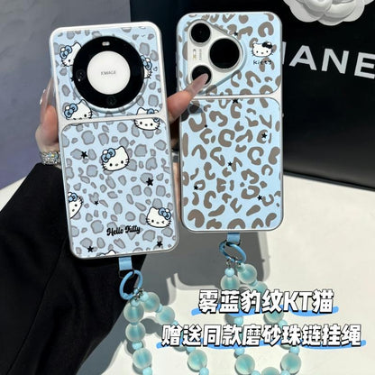 Cute Blue Leopard‑Pattern Cartoon Kitty Phone Case, Shockproof Protective Cover With Blue Bead Wrist Lanyard for iPhone