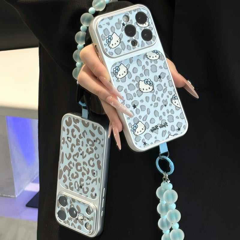 Cute Blue Leopard‑Pattern Cartoon Kitty Phone Case, Shockproof Protective Cover With Blue Bead Wrist Lanyard for iPhone