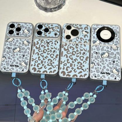 Cute Blue Leopard‑Pattern Cartoon Kitty Phone Case, Shockproof Protective Cover With Blue Bead Wrist Lanyard for iPhone