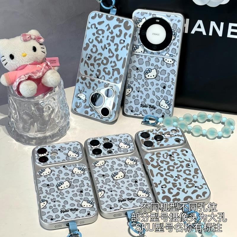 Cute Blue Leopard‑Pattern Cartoon Kitty Phone Case, Shockproof Protective Cover With Blue Bead Wrist Lanyard for iPhone