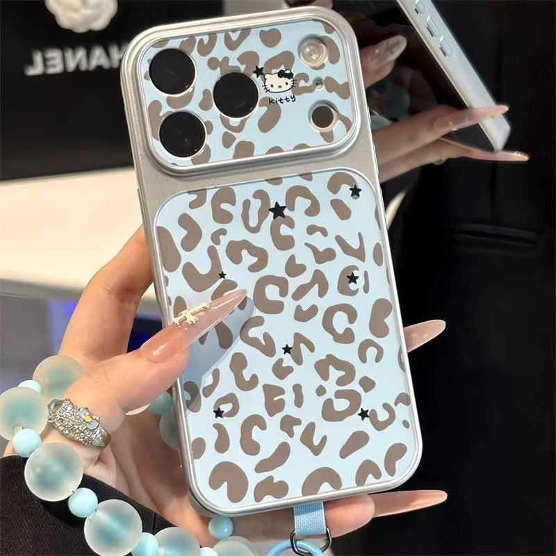 Cute Blue Leopard‑Pattern Cartoon Kitty Phone Case, Shockproof Protective Cover With Blue Bead Wrist Lanyard for iPhone