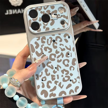 Cute Blue Leopard‑Pattern Cartoon Kitty Phone Case, Shockproof Protective Cover With Blue Bead Wrist Lanyard for iPhone