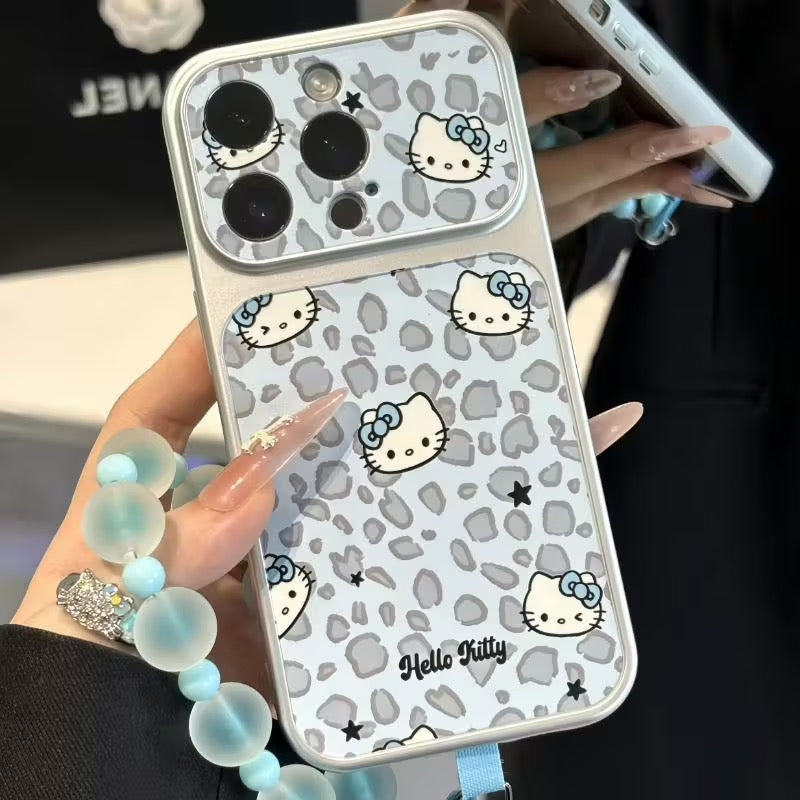 Cute Blue Leopard‑Pattern Cartoon Kitty Phone Case, Shockproof Protective Cover With Blue Bead Wrist Lanyard for iPhone