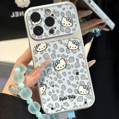Cute Blue Leopard‑Pattern Cartoon Kitty Phone Case, Shockproof Protective Cover With Blue Bead Wrist Lanyard for iPhone