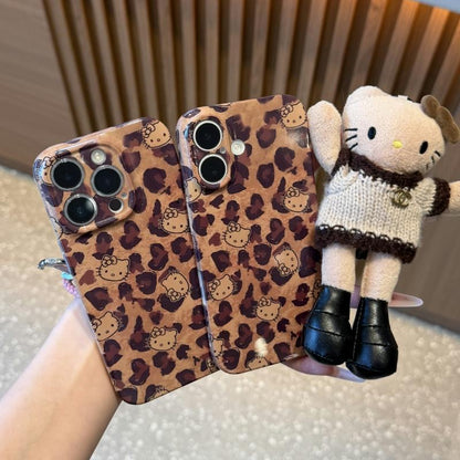 Cute Retro Brown Leopard‑Print Cartoon Cat Phone Case, Glossy Shock‑Proof Protective Cover for iPhone,