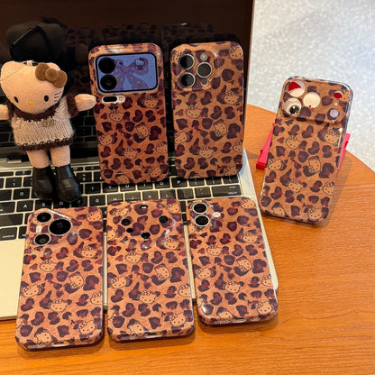 Cute Retro Brown Leopard‑Print Cartoon Cat Phone Case, Glossy Shock‑Proof Protective Cover for iPhone,