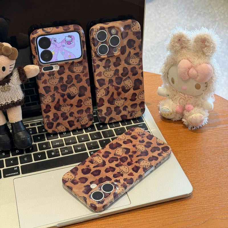 Cute Retro Brown Leopard‑Print Cartoon Cat Phone Case, Glossy Shock‑Proof Protective Cover for iPhone,