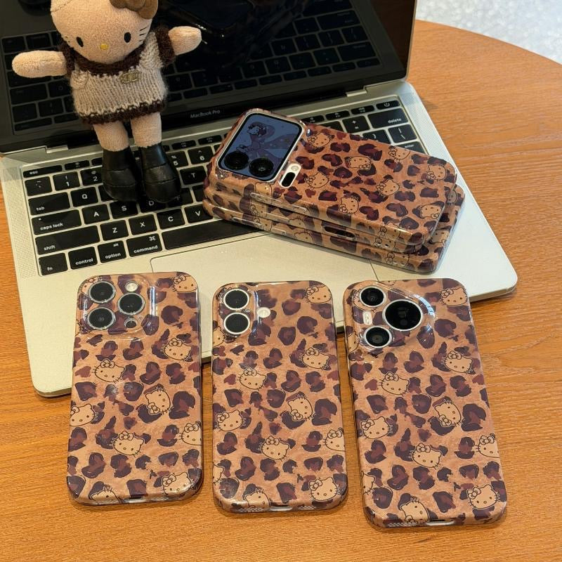 Cute Retro Brown Leopard‑Print Cartoon Cat Phone Case, Glossy Shock‑Proof Protective Cover for iPhone,