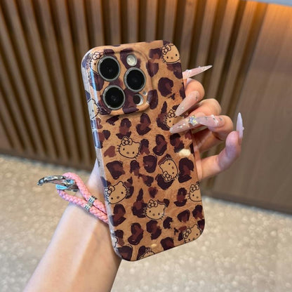 Cute Retro Brown Leopard‑Print Cartoon Cat Phone Case, Glossy Shock‑Proof Protective Cover for iPhone,