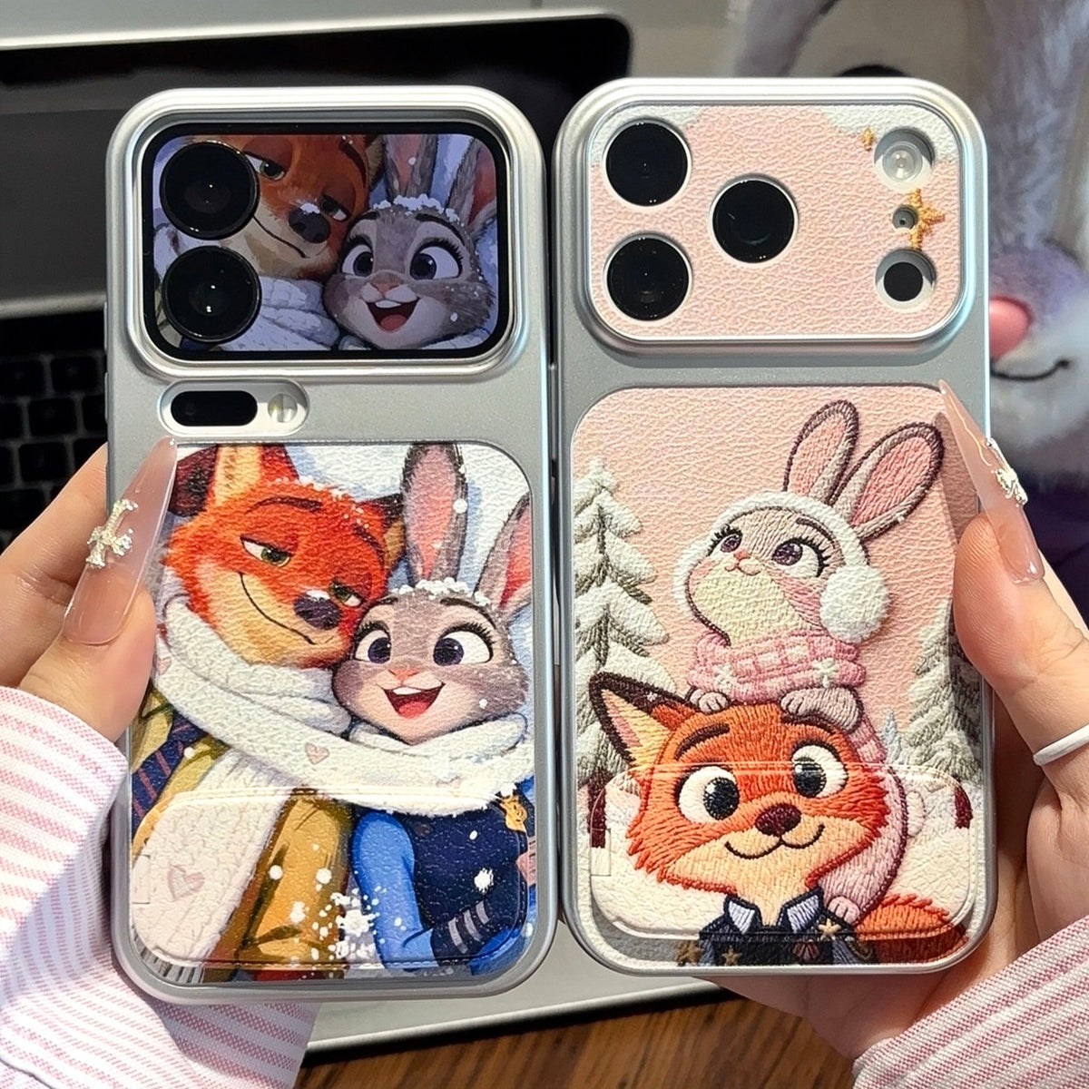 Cute Winter Cartoon Judy Nick Print Phone Case, Flip Mirror Kickstand Shockproof Protective Cover For iPhone