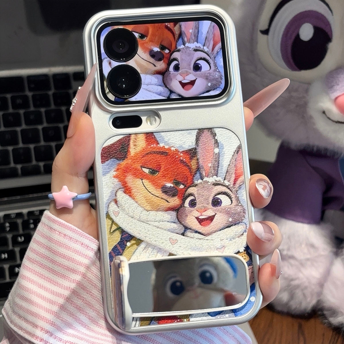 Cute Winter Cartoon Judy Nick Print Phone Case, Flip Mirror Kickstand Shockproof Protective Cover For iPhone