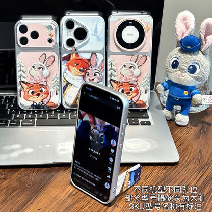 Cute Winter Cartoon Judy Nick Print Phone Case, Flip Mirror Kickstand Shockproof Protective Cover For iPhone