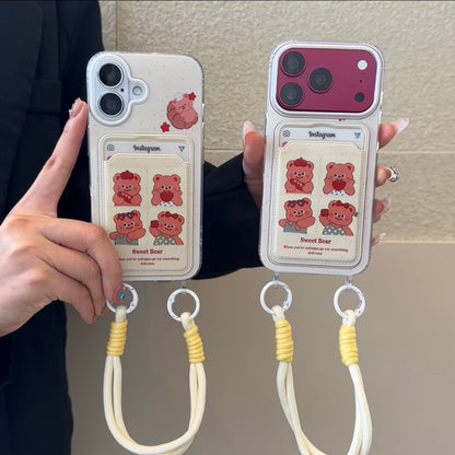 Cute Cartoon Bear Card Holder Phone Case, Clear Soft TPU Protective Cover With Card Pocket & Wrist Lanyard For iPhone 18 Pro Max 17 16 15 14