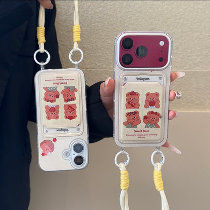 Cute Cartoon Bear Card Holder Phone Case, Clear Soft TPU Protective Cover With Card Pocket & Wrist Lanyard For iPhone 18 Pro Max 17 16 15 14