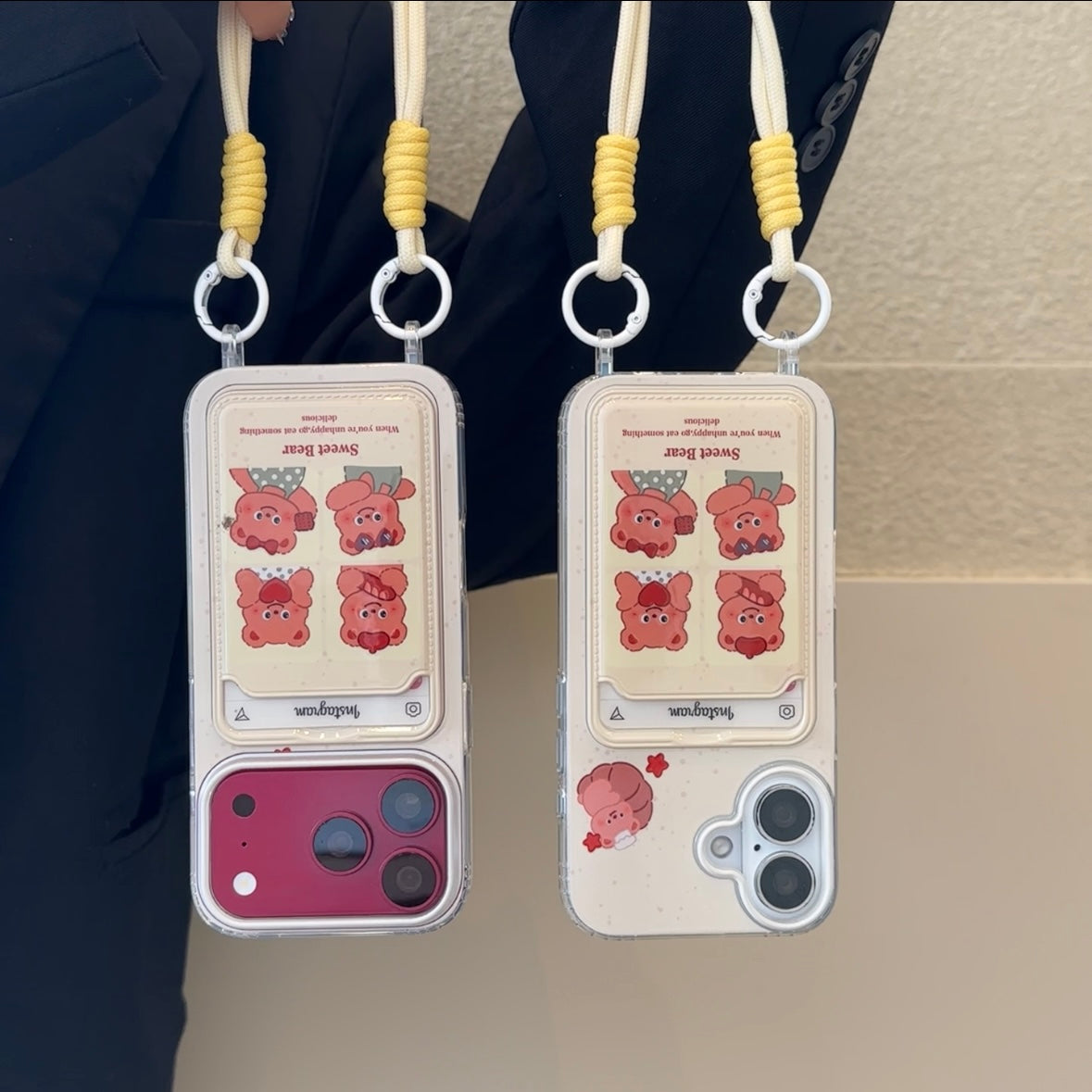 Cute Cartoon Bear Card Holder Phone Case, Clear Soft TPU Protective Cover With Card Pocket & Wrist Lanyard For iPhone 18 Pro Max 17 16 15 14