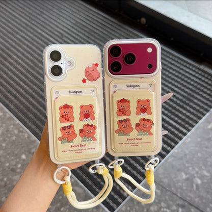 Cute Cartoon Bear Card Holder Phone Case, Clear Soft TPU Protective Cover With Card Pocket & Wrist Lanyard For iPhone 18 Pro Max 17 16 15 14
