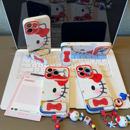 Cute Cartoon Phone Case Built‑in Foldable Stand Beaded Hand Strap For iPhone Series