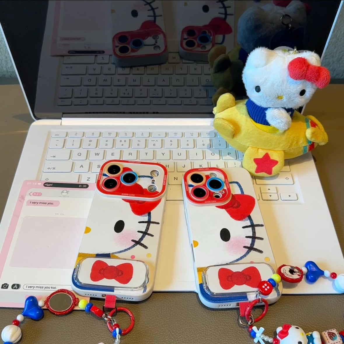 Cute Cartoon Phone Case Built‑in Foldable Stand Beaded Hand Strap For iPhone Series