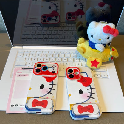 Cute Cartoon Phone Case Built‑in Foldable Stand Beaded Hand Strap For iPhone Series