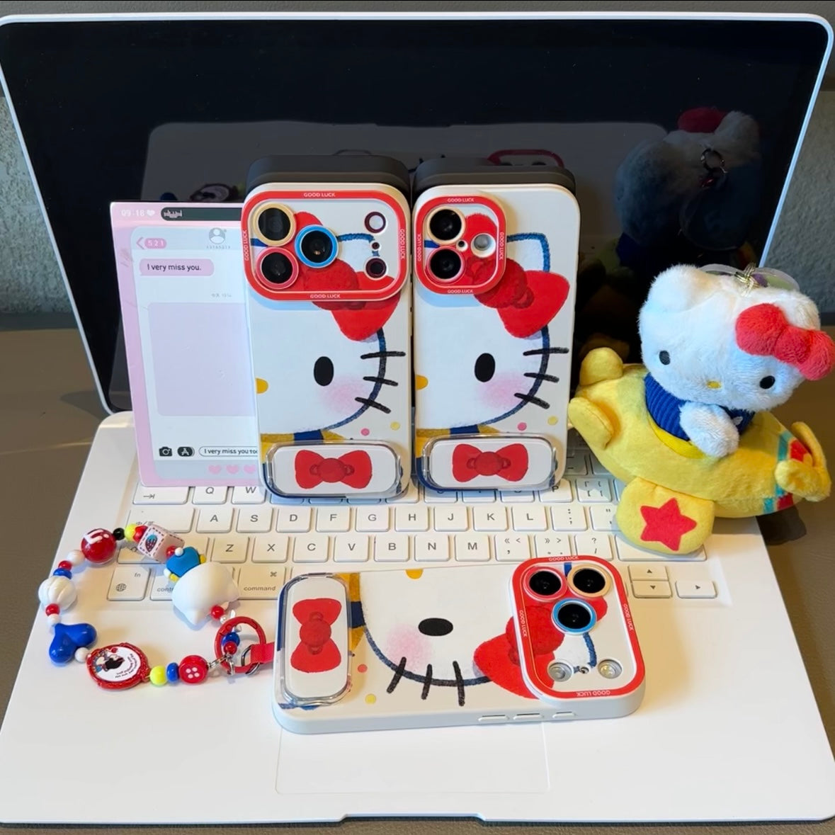 Cute Cartoon Phone Case Built‑in Foldable Stand Beaded Hand Strap For iPhone Series