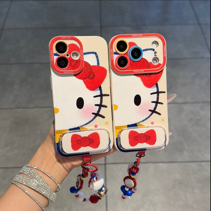 Cute Cartoon Phone Case Built‑in Foldable Stand Beaded Hand Strap For iPhone Series