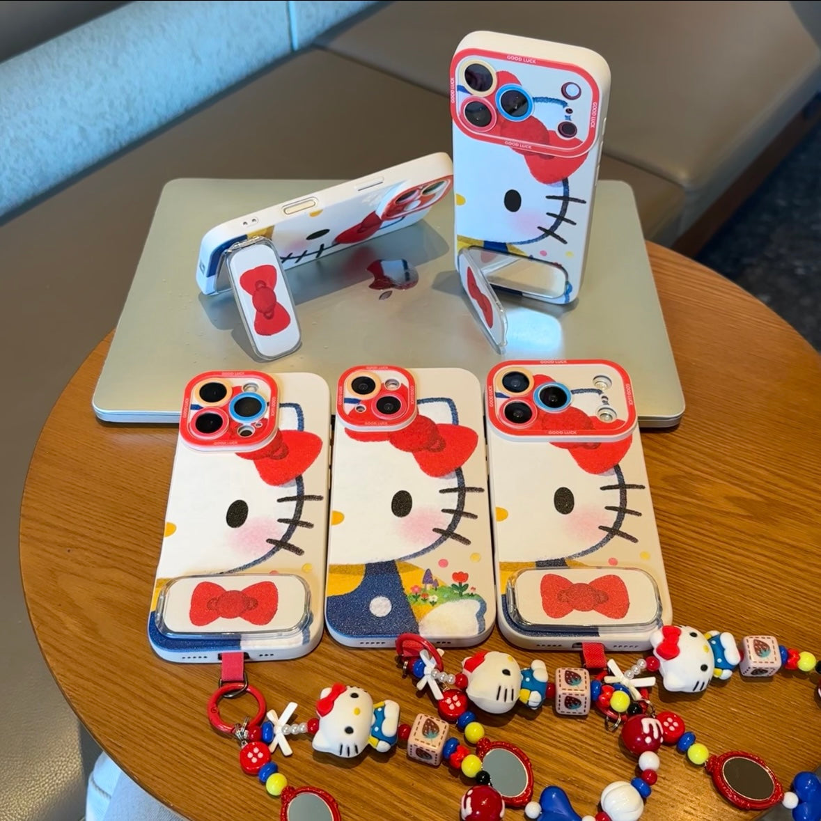 Cute Cartoon Phone Case Built‑in Foldable Stand Beaded Hand Strap For iPhone Series