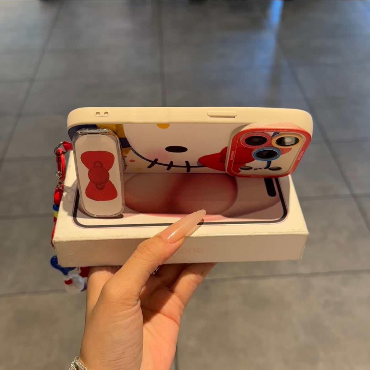 Cute Cartoon Phone Case Built‑in Foldable Stand Beaded Hand Strap For iPhone Series