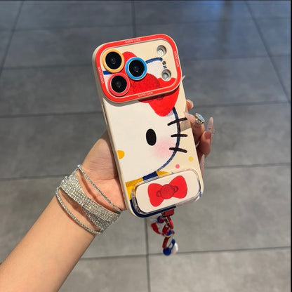 Cute Cartoon Phone Case Built‑in Foldable Stand Beaded Hand Strap For iPhone Series