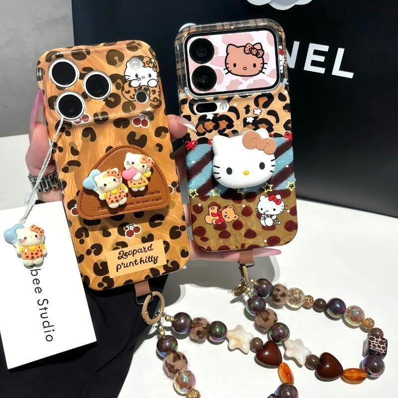 Vintage Leopard Kitty Pattern Cute Cartoon Pop Socket Phone Case With Beaded Chain Wrist Lanyard Shockproof Protective Cover For iPhone