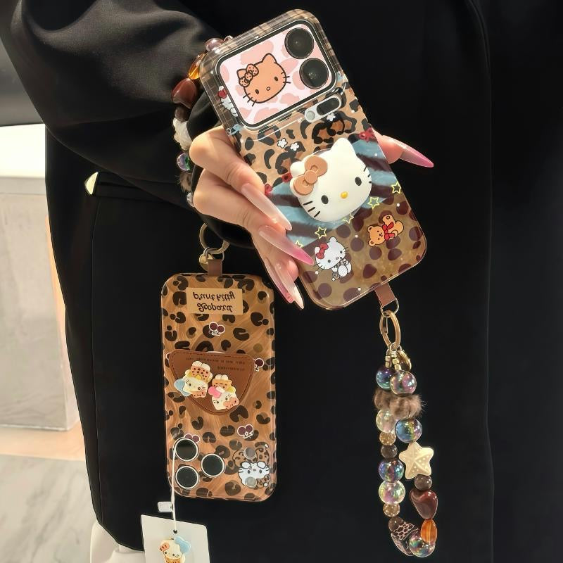 Vintage Leopard Kitty Pattern Cute Cartoon Pop Socket Phone Case With Beaded Chain Wrist Lanyard Shockproof Protective Cover For iPhone