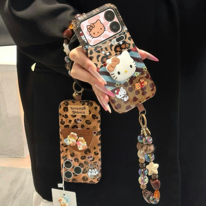 Vintage Leopard Kitty Pattern Cute Cartoon Pop Socket Phone Case With Beaded Chain Wrist Lanyard Shockproof Protective Cover For iPhone