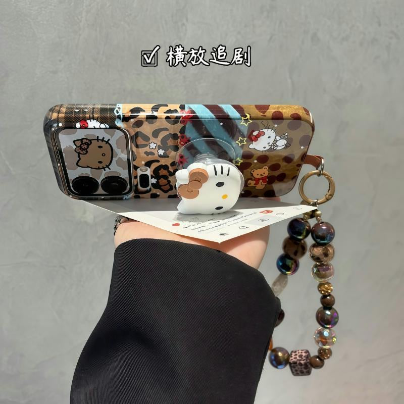 Vintage Leopard Kitty Pattern Cute Cartoon Pop Socket Phone Case With Beaded Chain Wrist Lanyard Shockproof Protective Cover For iPhone