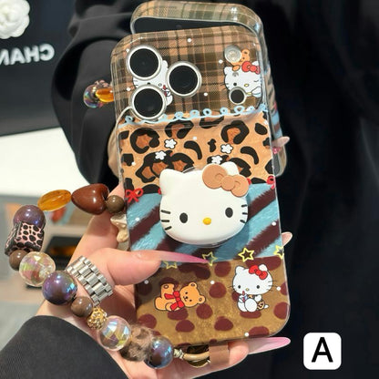 Vintage Leopard Kitty Pattern Cute Cartoon Pop Socket Phone Case With Beaded Chain Wrist Lanyard Shockproof Protective Cover For iPhone