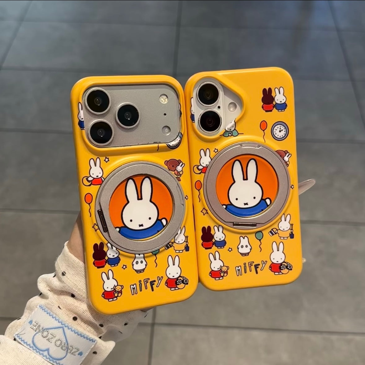 Cute Cartoon Bunny Pattern Yellow Phone Case Built‑in Magnetic Folding Ring Holder Shockproof Protective Cover For iPhone