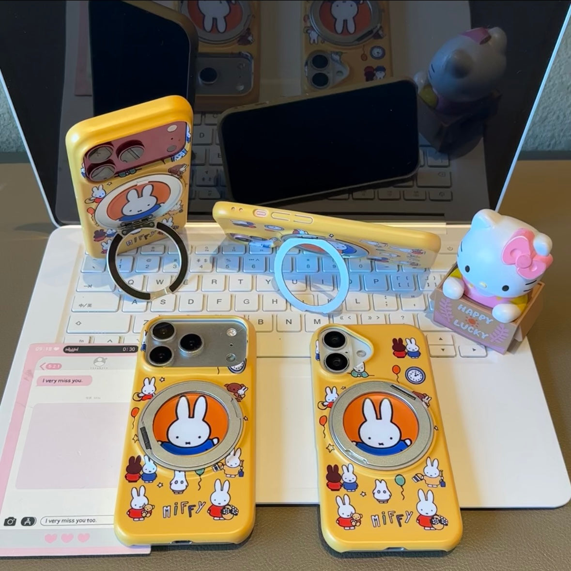 Cute Cartoon Bunny Pattern Yellow Phone Case Built‑in Magnetic Folding Ring Holder Shockproof Protective Cover For iPhone