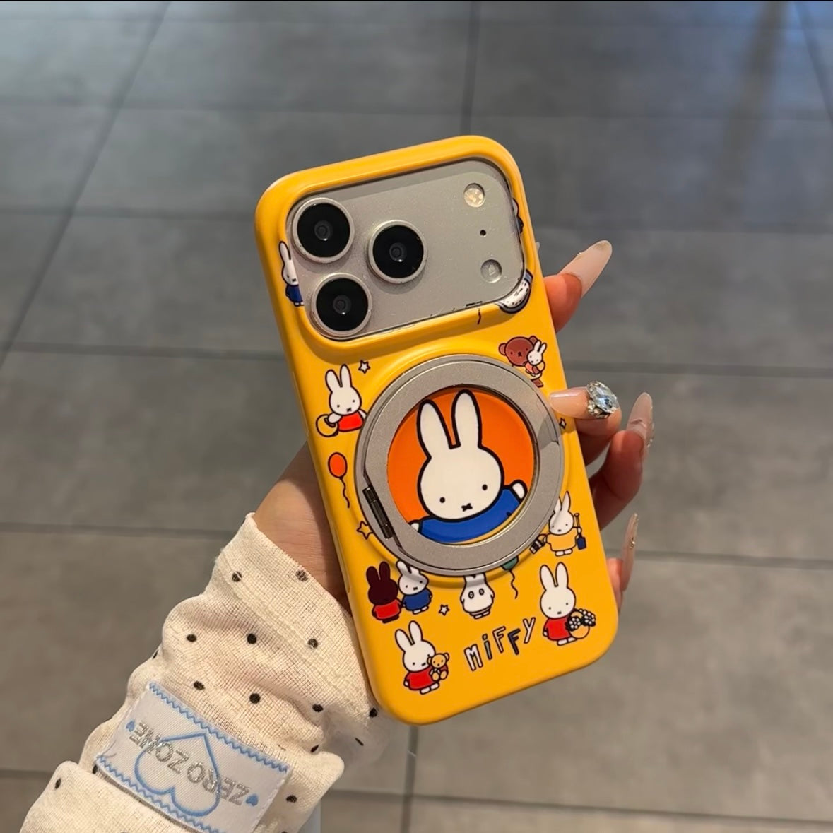 Cute Cartoon Bunny Pattern Yellow Phone Case Built‑in Magnetic Folding Ring Holder Shockproof Protective Cover For iPhone