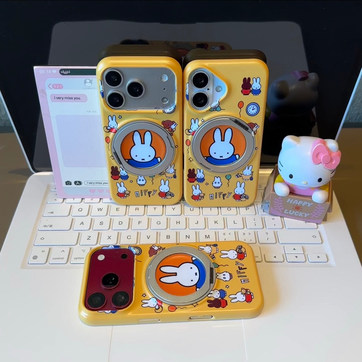 Cute Cartoon Bunny Pattern Yellow Phone Case Built‑in Magnetic Folding Ring Holder Shockproof Protective Cover For iPhone