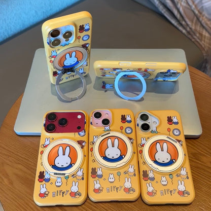 Cute Cartoon Bunny Pattern Yellow Phone Case Built‑in Magnetic Folding Ring Holder Shockproof Protective Cover For iPhone