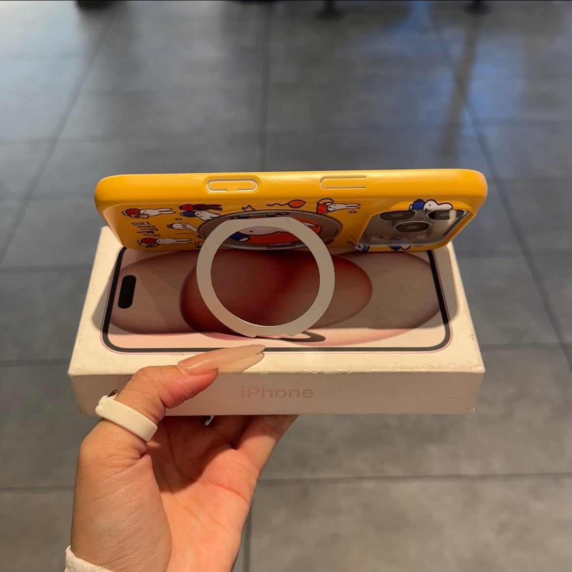 Cute Cartoon Bunny Pattern Yellow Phone Case Built‑in Magnetic Folding Ring Holder Shockproof Protective Cover For iPhone