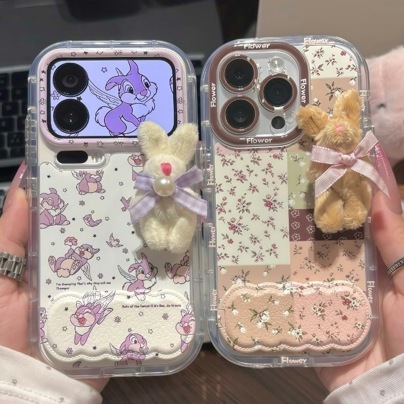Cute Clear Phone Case With Detachable 3D Plush Bunny Ornament, Sweet Floral Patchwork Shock‑Resistant Protective Case For iPhone Series