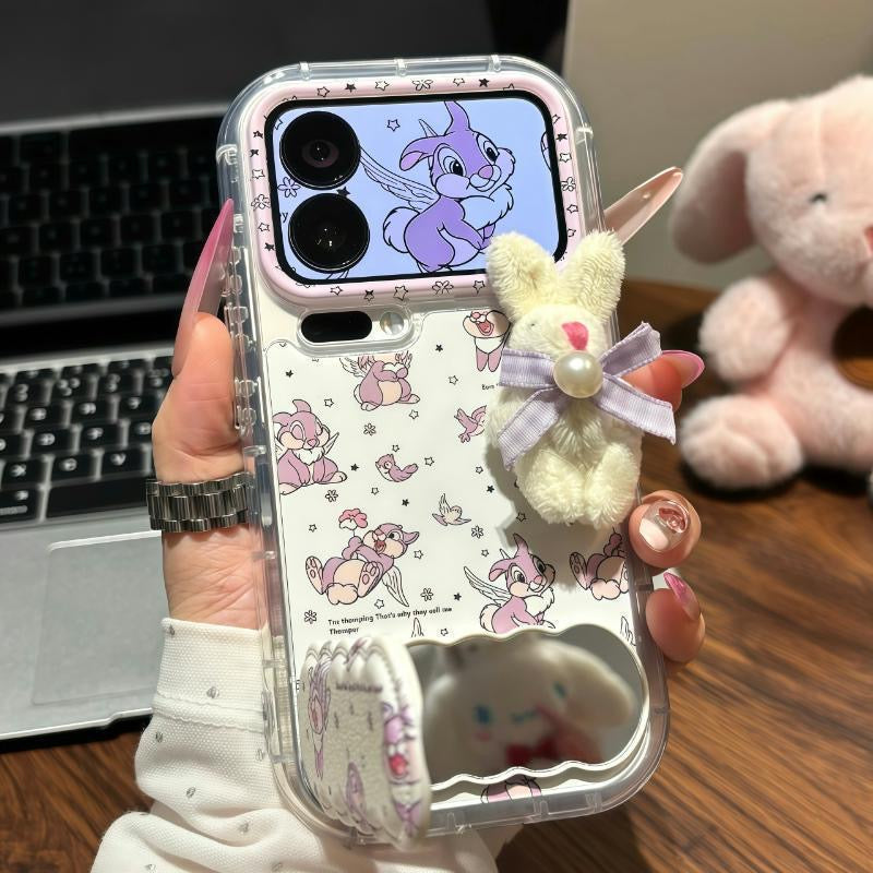 Cute Clear Phone Case With Detachable 3D Plush Bunny Ornament, Sweet Floral Patchwork Shock‑Resistant Protective Case For iPhone Series
