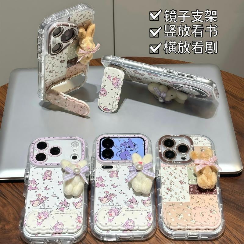 Cute Clear Phone Case With Detachable 3D Plush Bunny Ornament, Sweet Floral Patchwork Shock‑Resistant Protective Case For iPhone Series