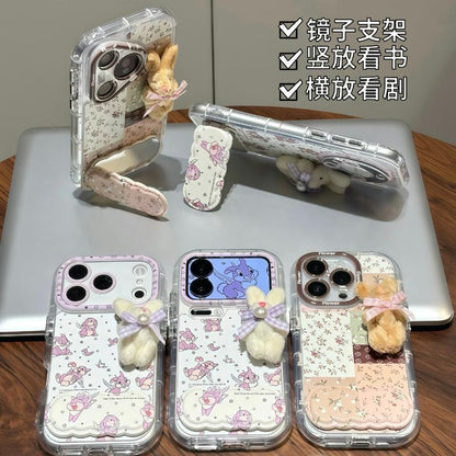 Cute Clear Phone Case With Detachable 3D Plush Bunny Ornament, Sweet Floral Patchwork Shock‑Resistant Protective Case For iPhone Series