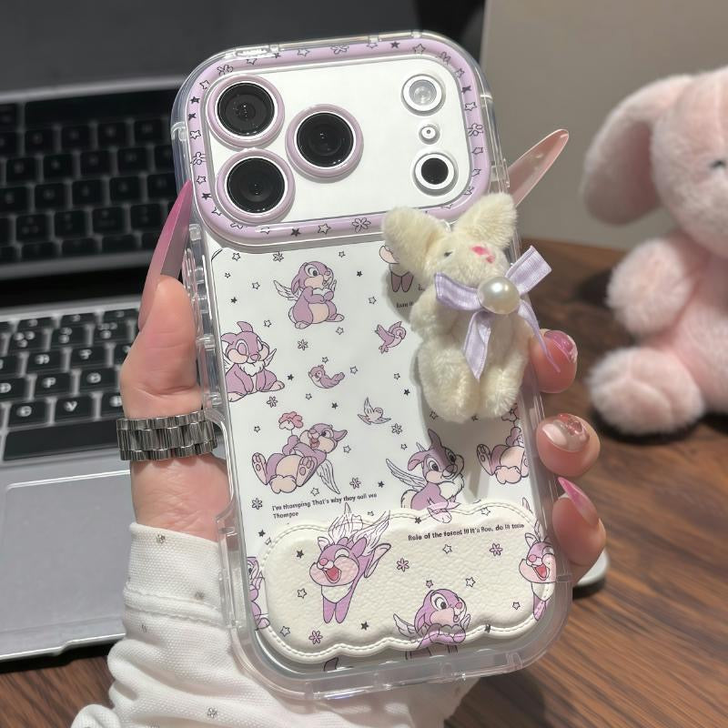 Cute Clear Phone Case With Detachable 3D Plush Bunny Ornament, Sweet Floral Patchwork Shock‑Resistant Protective Case For iPhone Series